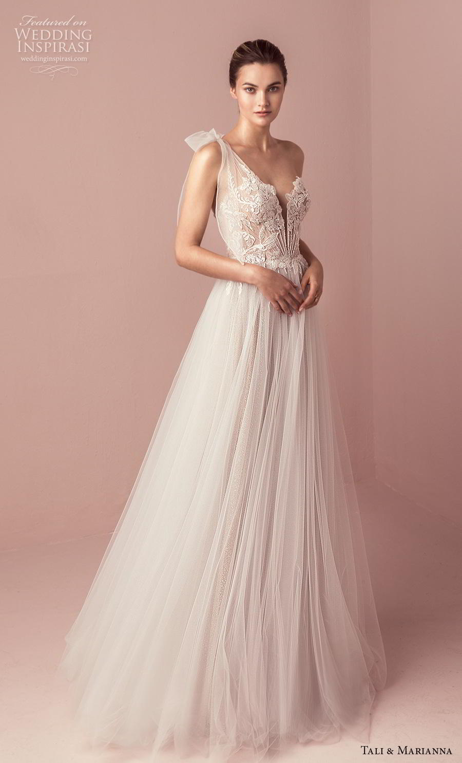 tali & marianna 2018 bridal one shoulder sweetheart neckline heavily embellished bodice tulle skirt romantic a  line wedding dress sweep train (6) mv