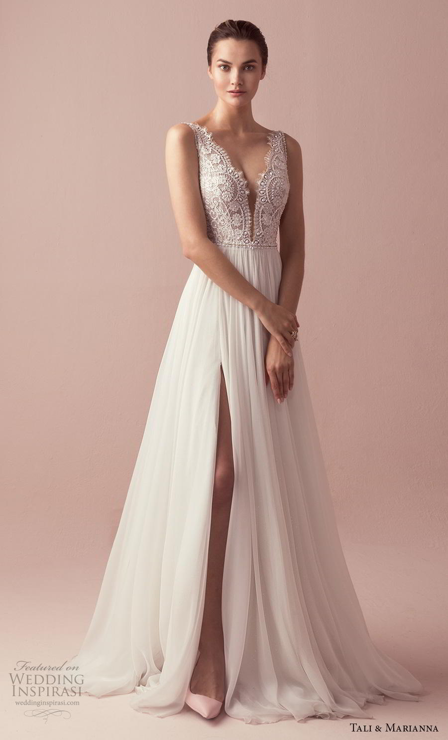 tali & marianna 2018 bridal sleeveless deep v neck heavily embellished bodice open side slit skirt romantic a  line wedding dress sweep train (4) mv