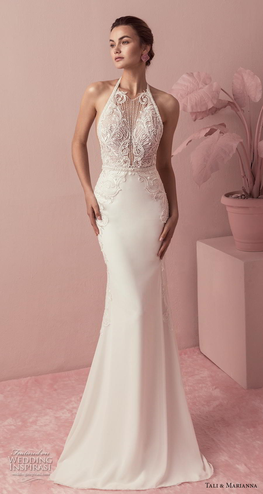 tali & marianna 2018 bridal sleeveless halter neck heavily embellished bodice elegant fit and flare wedding dress rasor back sweep train (8) mv