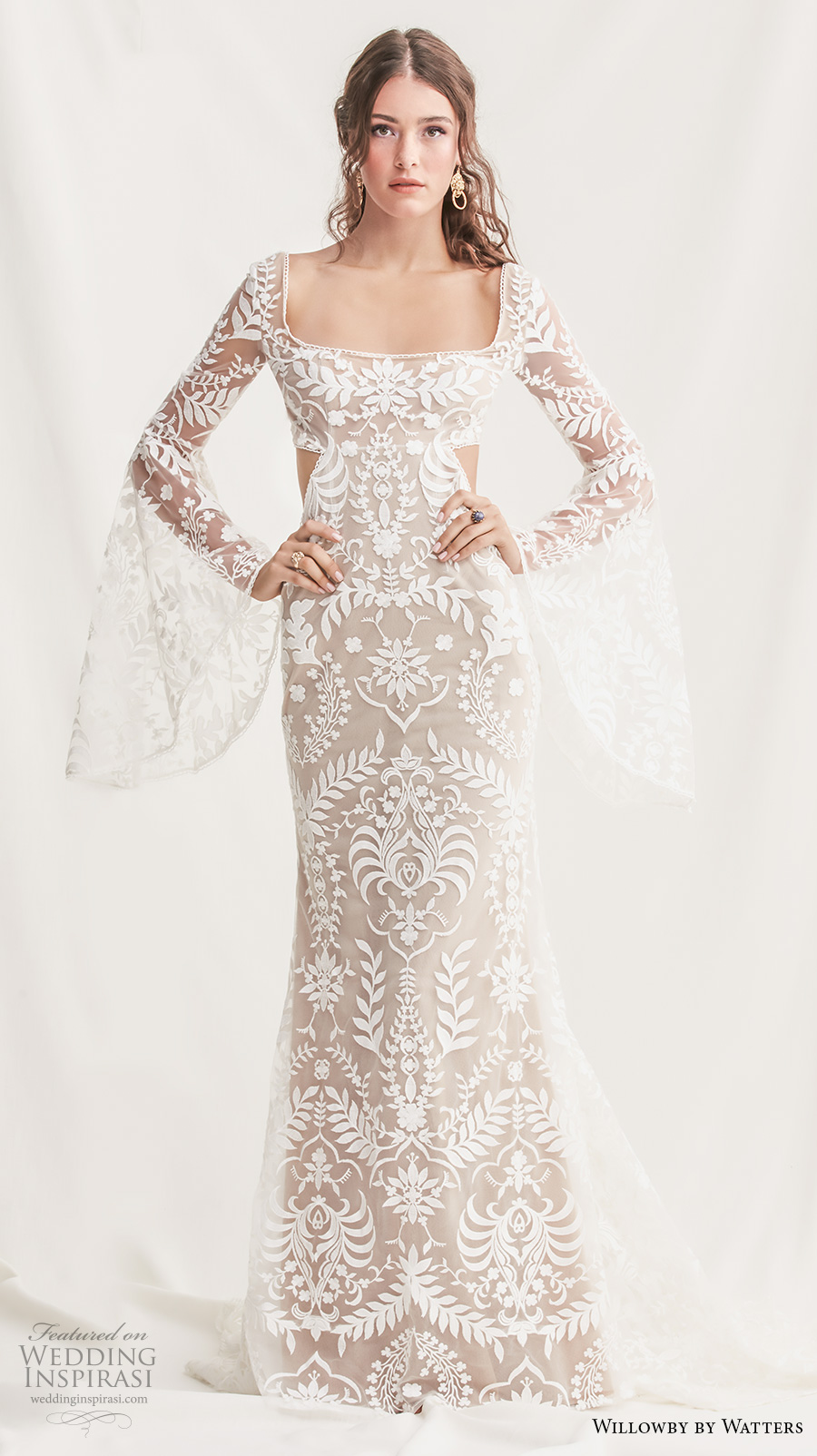 willowby by watters spring 2019 bridal long bell sleeves square neckline full embellishment bohemian elegant sheath wedding dress keyhole back sweep train (6) mv