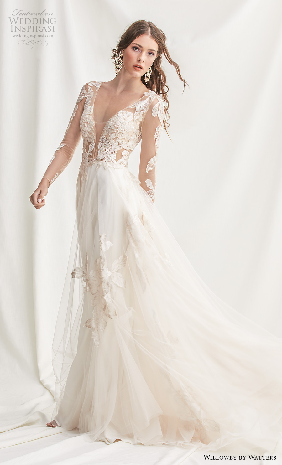willowby by watters spring 2019 bridal long sleeves deep v neck heavily embellished bodice romantic a  line wedding dress sheer lace button back chapel train (2) mv