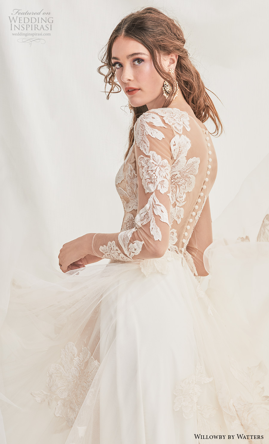 willowby by watters spring 2019 bridal long sleeves deep v neck heavily embellished bodice romantic a  line wedding dress sheer lace button back chapel train (2) zbv