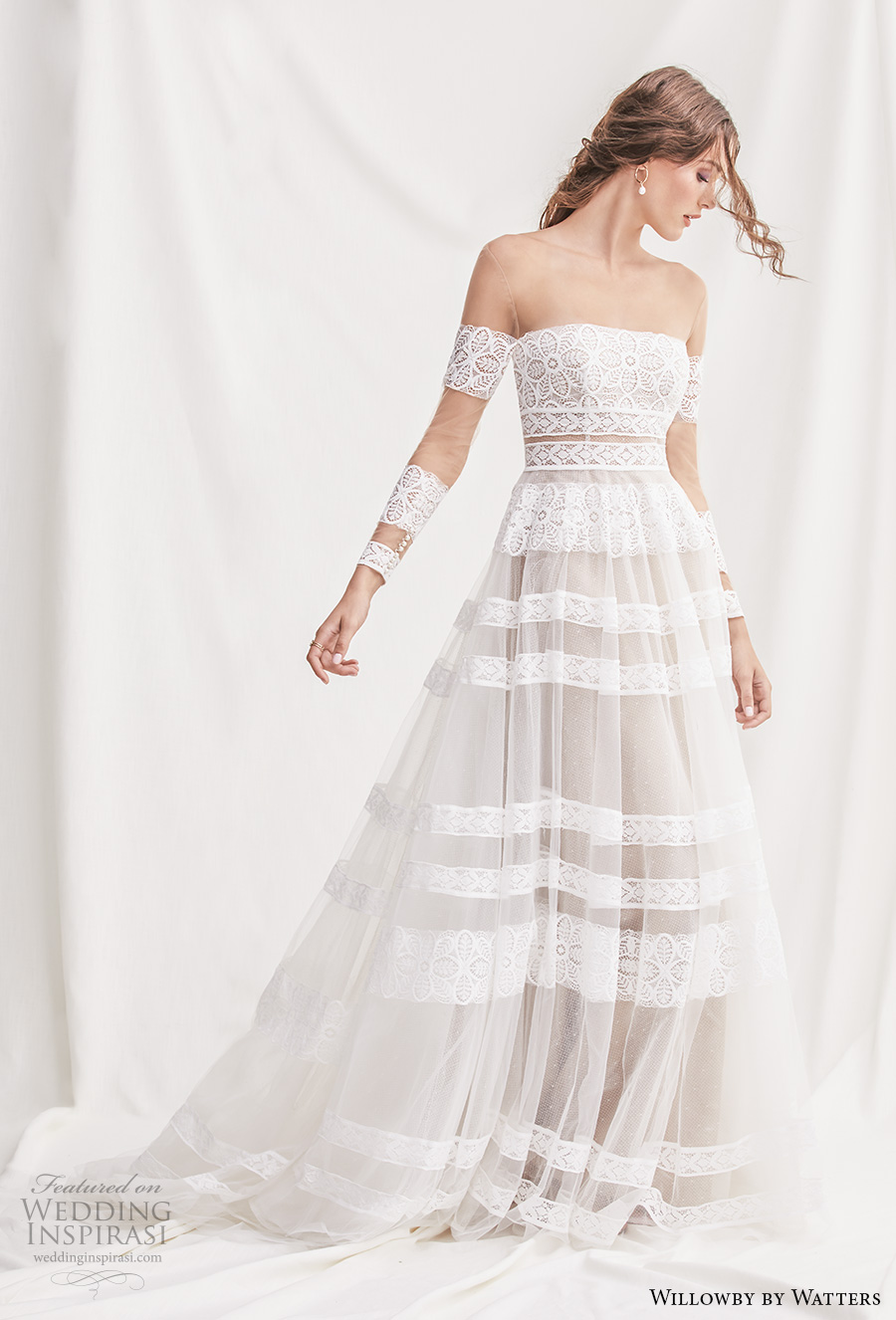 willowby by watters spring 2019 bridal long sleeves off the shoulder straight across neckline full embellishment bohemian romantic a  line wedding dress chapel train (11) mv