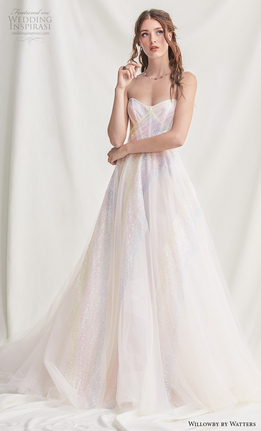 willowby by watters spring 2019 bridal strapless sweetheart neckline light embellishment glitzy romantic multi colored a  line wedding dress backless sweep train (16) mv