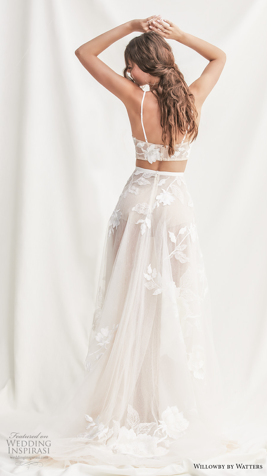 willowby by watters spring 2019 bridal thin strap straight across full embellishment crop top 2 piece romantic soft a  line wedding dress short train (7) bv