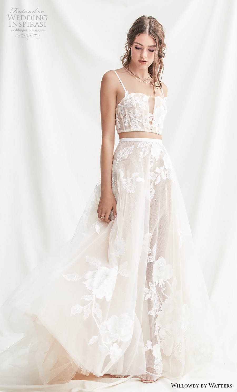 willowby by watters spring 2019 bridal thin strap straight across full embellishment crop top 2 piece romantic soft a  line wedding dress short train (7) mv