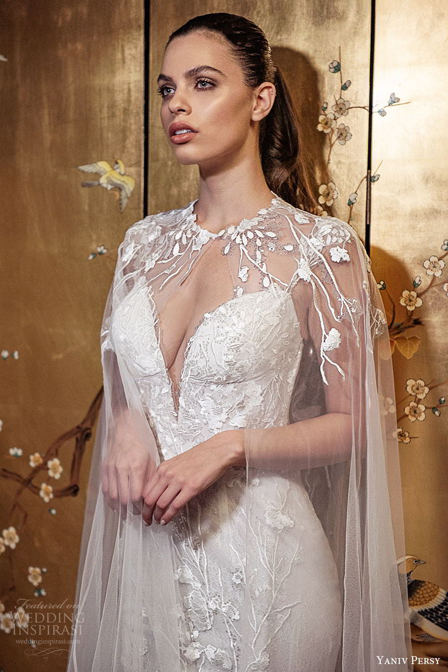 yaniv persy fall 2019 lavish bridal beaded cap sleeves plunging sweetheart allover lace sheat trumpet wedding dress tulle ball gown skirt chapel train romantic sexy sheer cape (2) mv