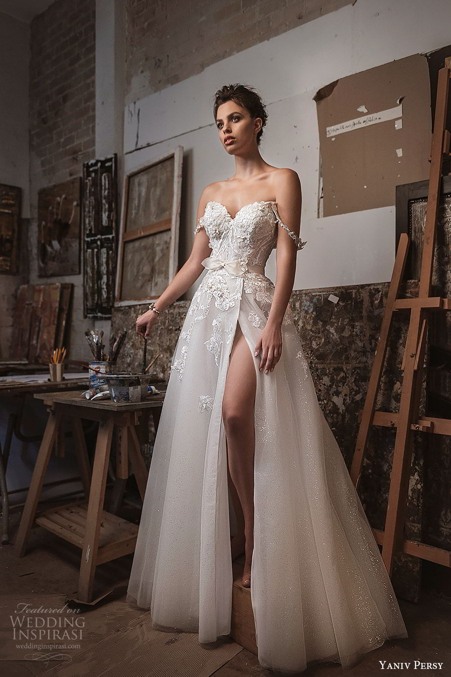 yaniv persy fall 2019 lavish bridal off shoulder sweetheart embellished bodice a line wedding dress high slit skirt romantic sexy glam (1) mv 