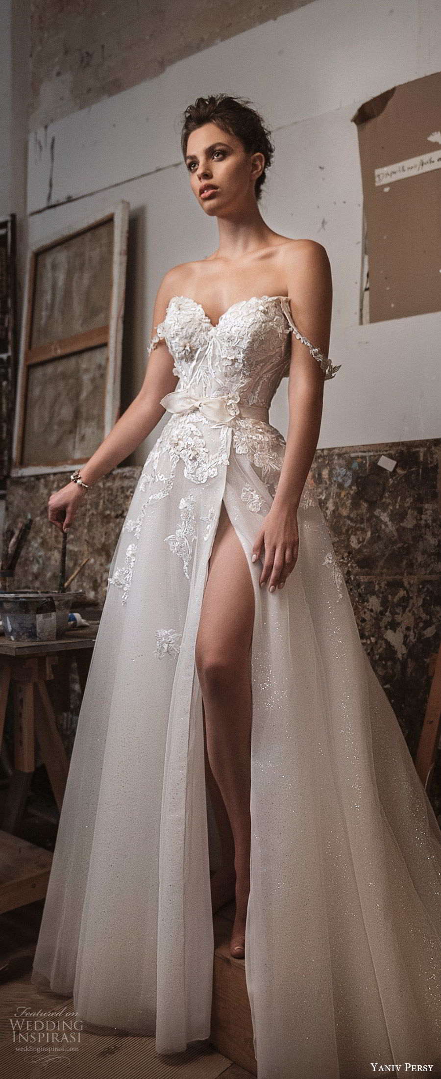 yaniv persy fall 2019 lavish bridal off shoulder sweetheart embellished bodice a line wedding dress high slit skirt romantic sexy glam (1) zv 