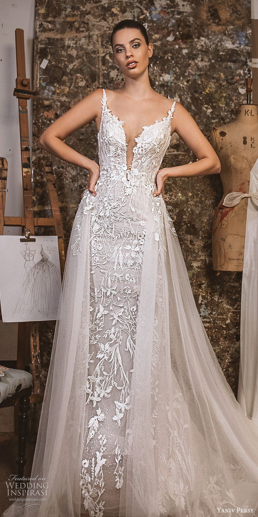 yaniv persy fall 2019 lavish bridal sleeveless embellished straps plunging split sweetheart neckline lace sheath wedding dress a line tulle overksirt romantic (11) zv