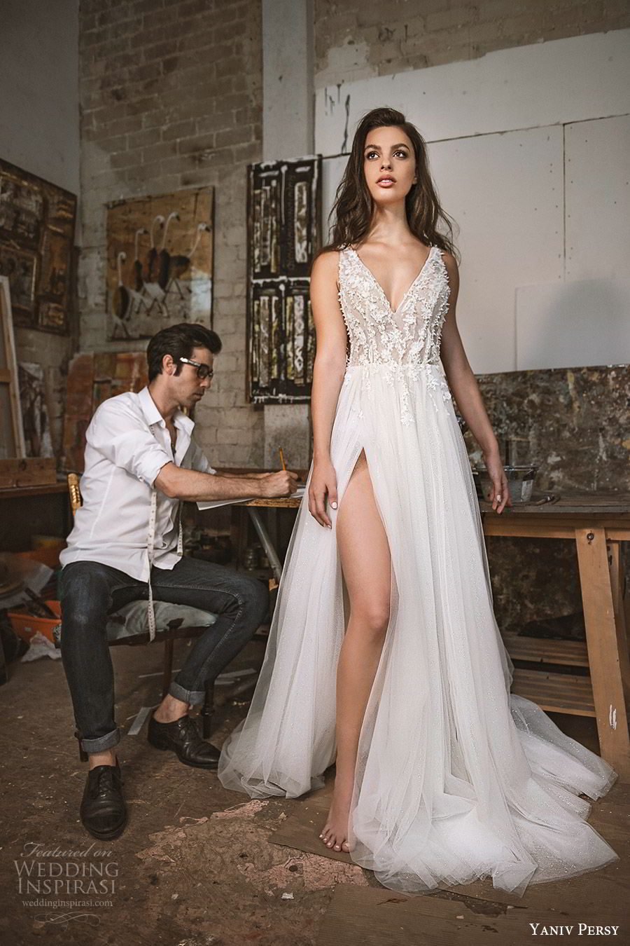 yaniv persy fall 2019 lavish bridal sleeveless thick straps v neck embellished lace bodice a line wedding dress slit skirt romantic sexy (4) mv