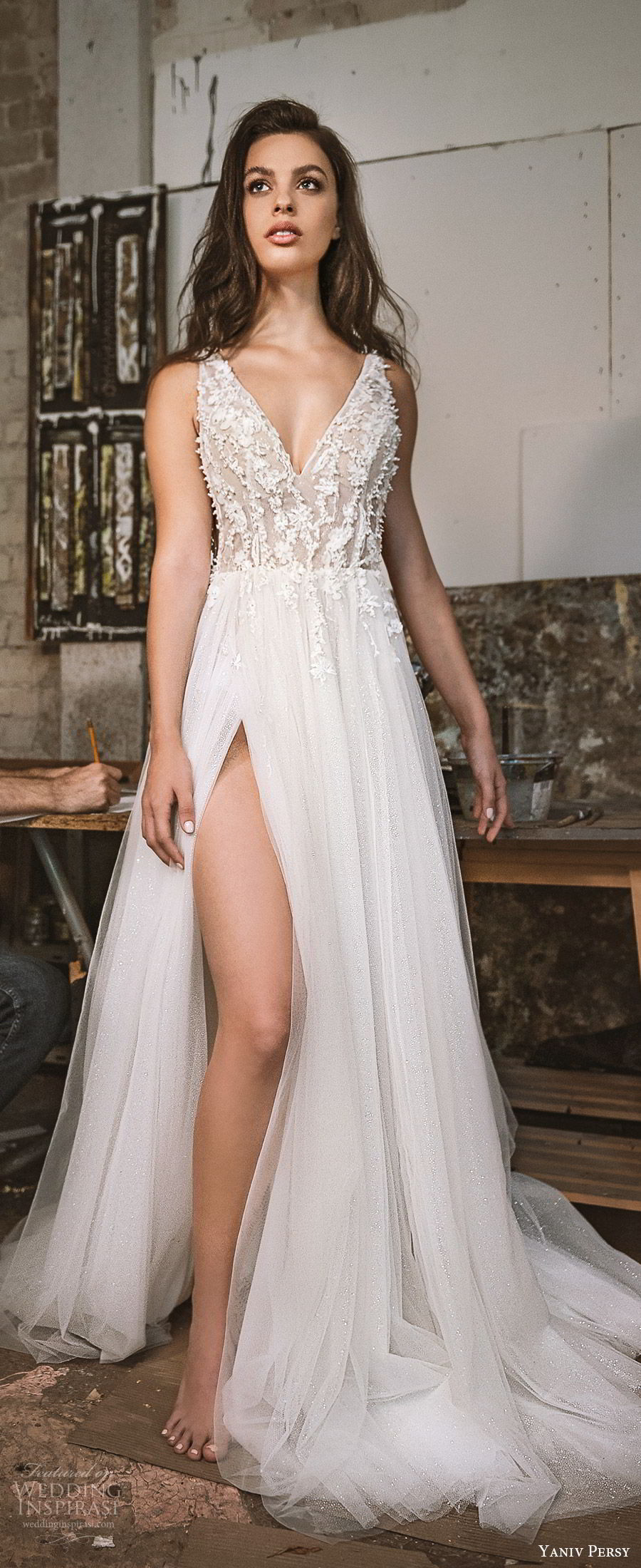 yaniv persy fall 2019 lavish bridal sleeveless thick straps v neck embellished lace bodice a line wedding dress slit skirt romantic sexy (4) zv