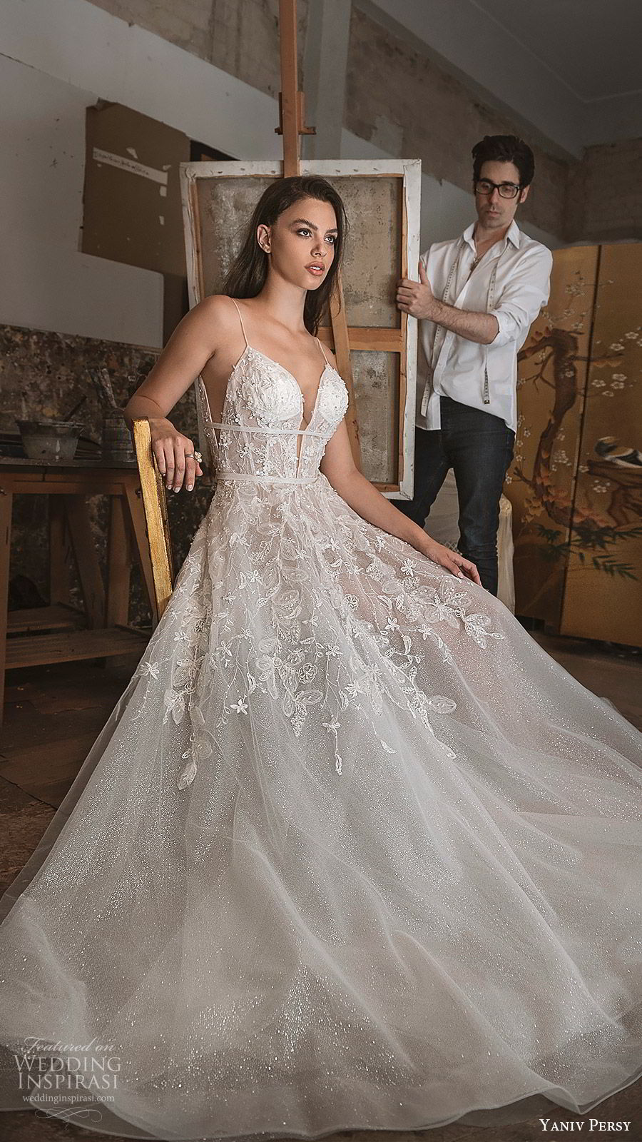 yaniv persy fall 2019 lavish bridal sleeveless thin straps plunging sweetheart neckline embellished a line ball gown wedding dress open back sexy glitzy romantic (5) mv