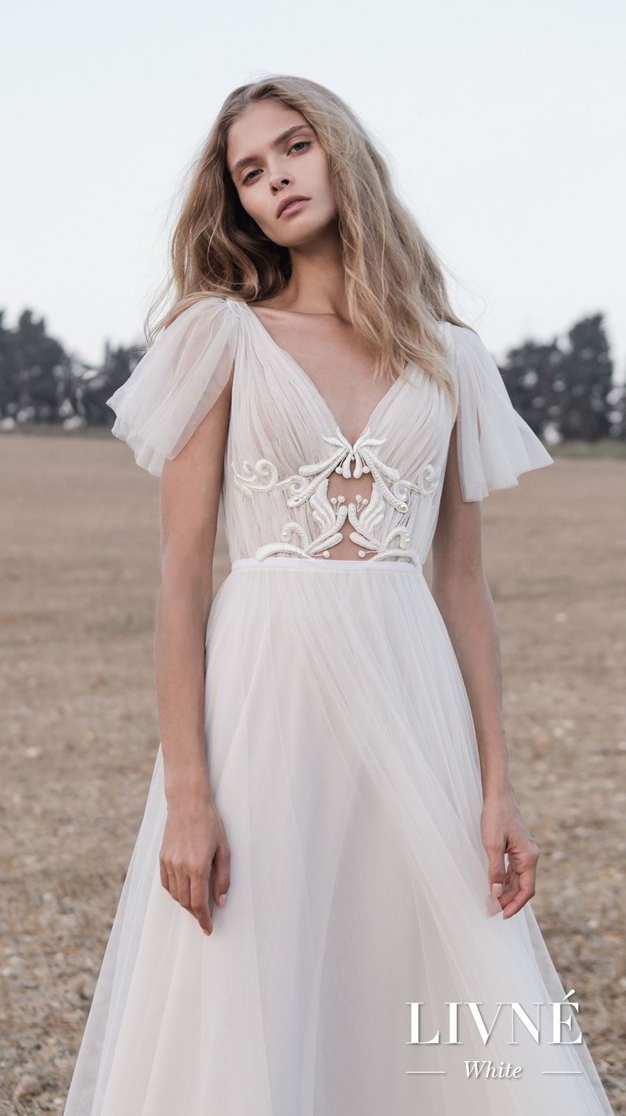 alon livne white fall 2019 bridal short handkerchief sleeves v neck ruched bodice romantic a  line wedding dress (shane) mv fv