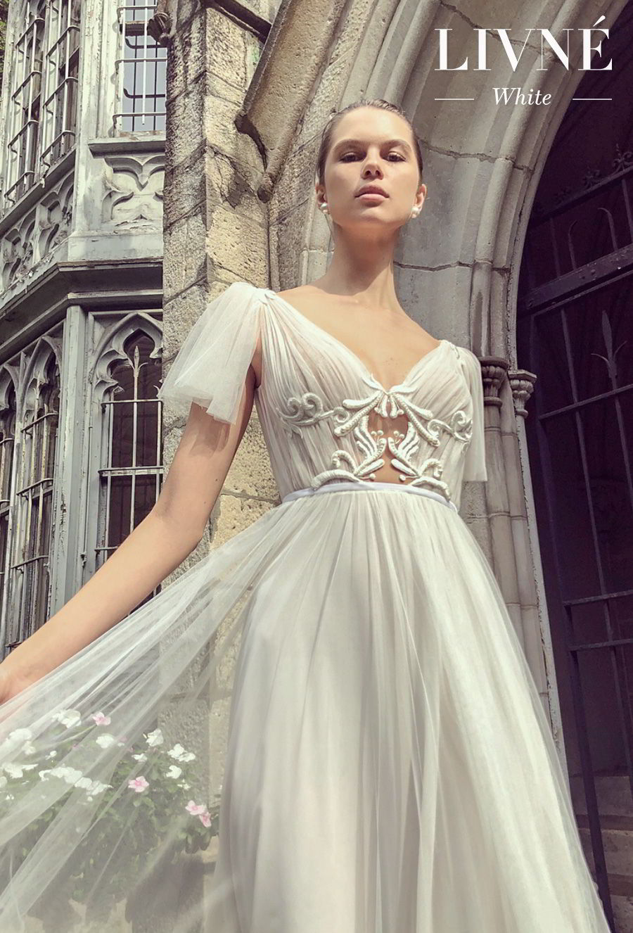 alon livne white fall 2019 bridal short handkerchief sleeves v neck ruched bodice romantic a  line wedding dress (shane) mv zv