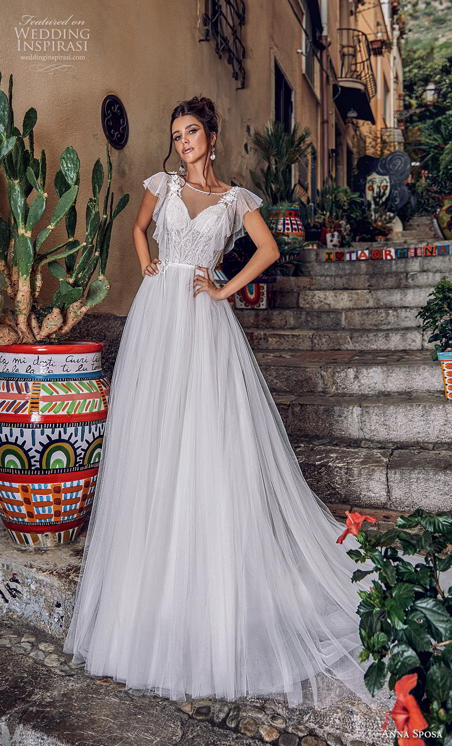 anna sposa 2019 bridal butterfly sleeves illusion boat  v neck heavily embellished bodice tulle skirt romantic a  line wedding dress backless chapel train (12) mv