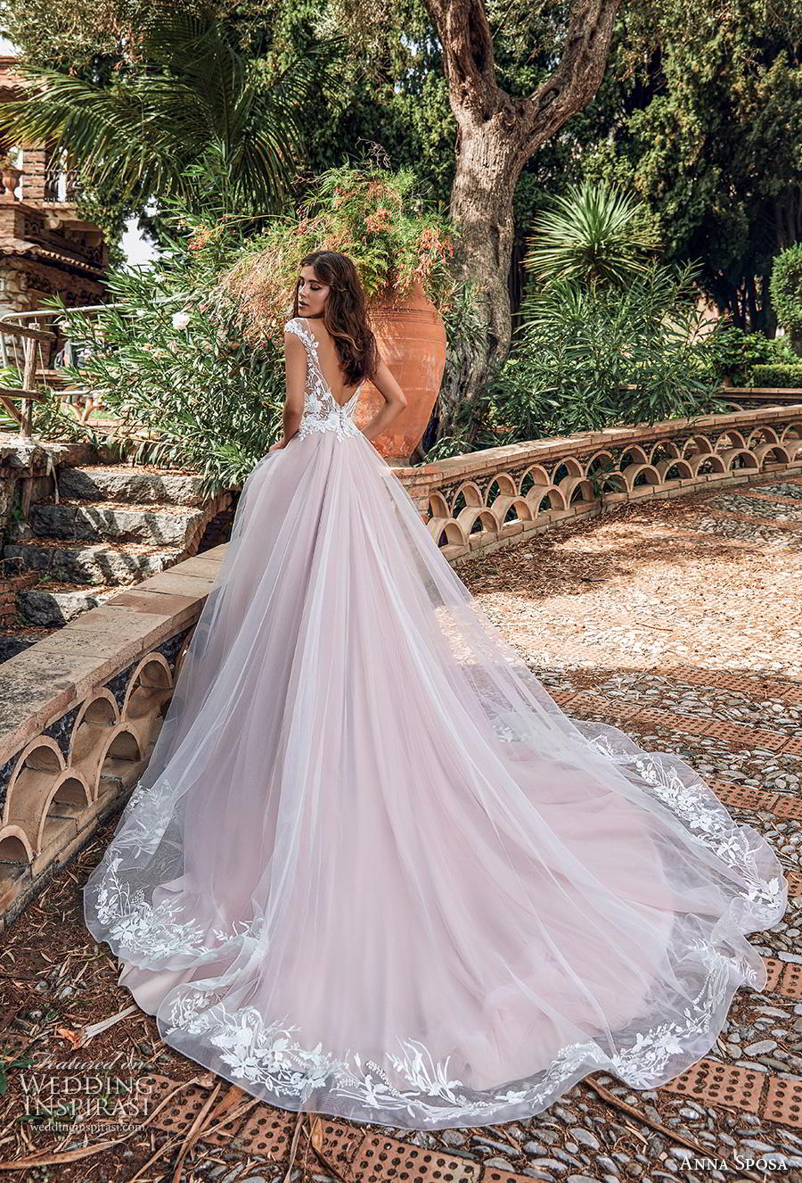 anna sposa 2019 bridal cap sleeves illusion bateau neckline heavily embellished bodice romantic pink blush a  line wedding dress backless v back chapel train (5) bv