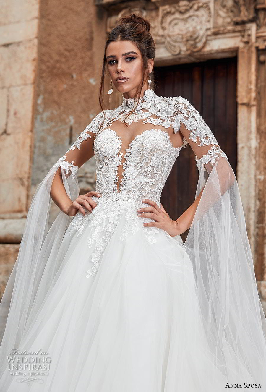 anna sposa 2019 bridal half sleeves high neck deep plunging sweetheart neckline heavily embellished bodice princess ball gown a  line wedding dress keyhole button back royal train (10) zv