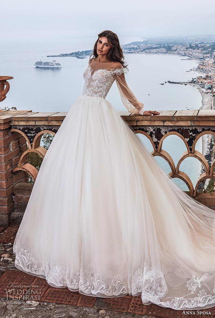 anna sposa 2019 bridal long bishop sleeves illusion bateau sweetheart neckline heavily embellished bodice romantic princess a  line wedding dress sheer button back royal train (15) mv