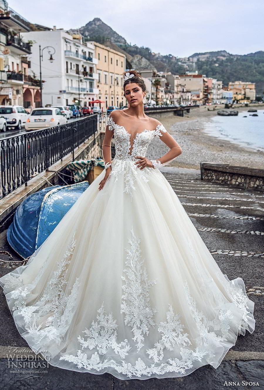 anna sposa 2019 bridal long sheer sleeves illusion bateau deep plunging sweetheart neckline heavily embellished bodice hem princess a  line wedding dress sheer button back royal train (1) mv