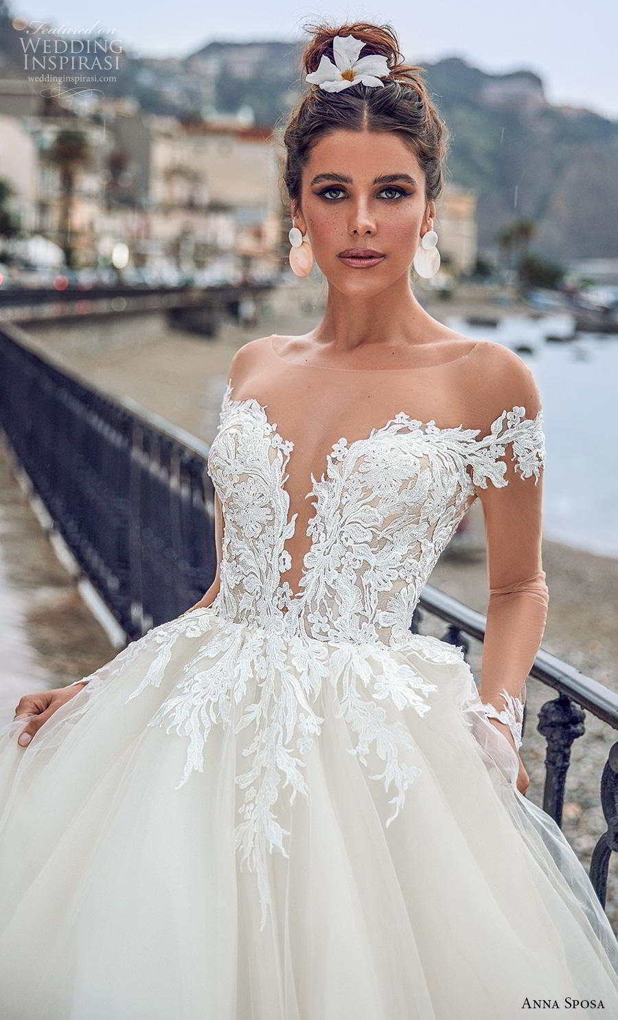 anna sposa 2019 bridal long sheer sleeves illusion bateau deep plunging sweetheart neckline heavily embellished bodice hem princess a  line wedding dress sheer button back royal train (1) zv