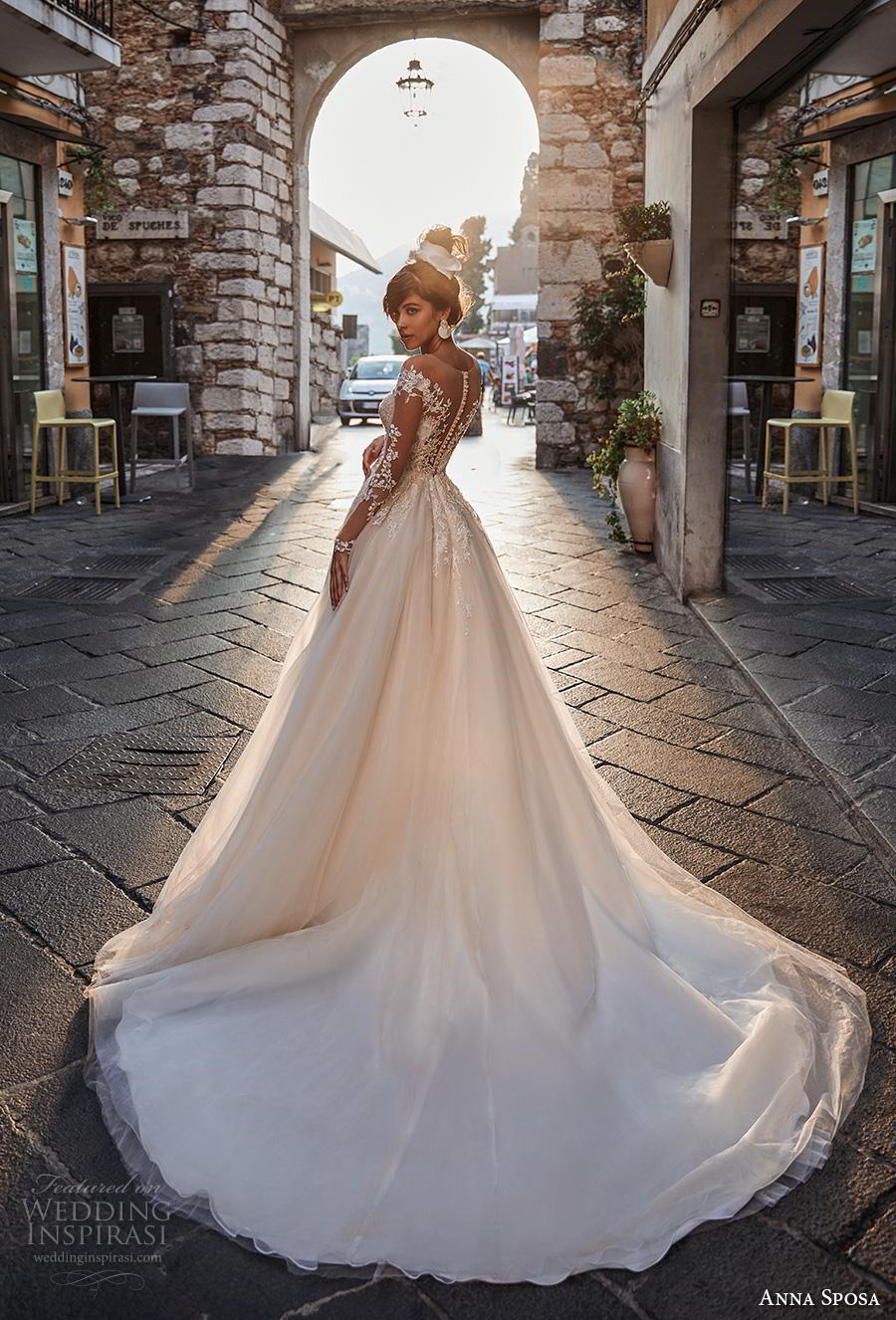 anna sposa 2019 bridal long sheer sleeves sheer boat deep plunging sweetheart neckline heavily embellished bodice ivory a  line wedding dress sheer button back chapel train (3) bv