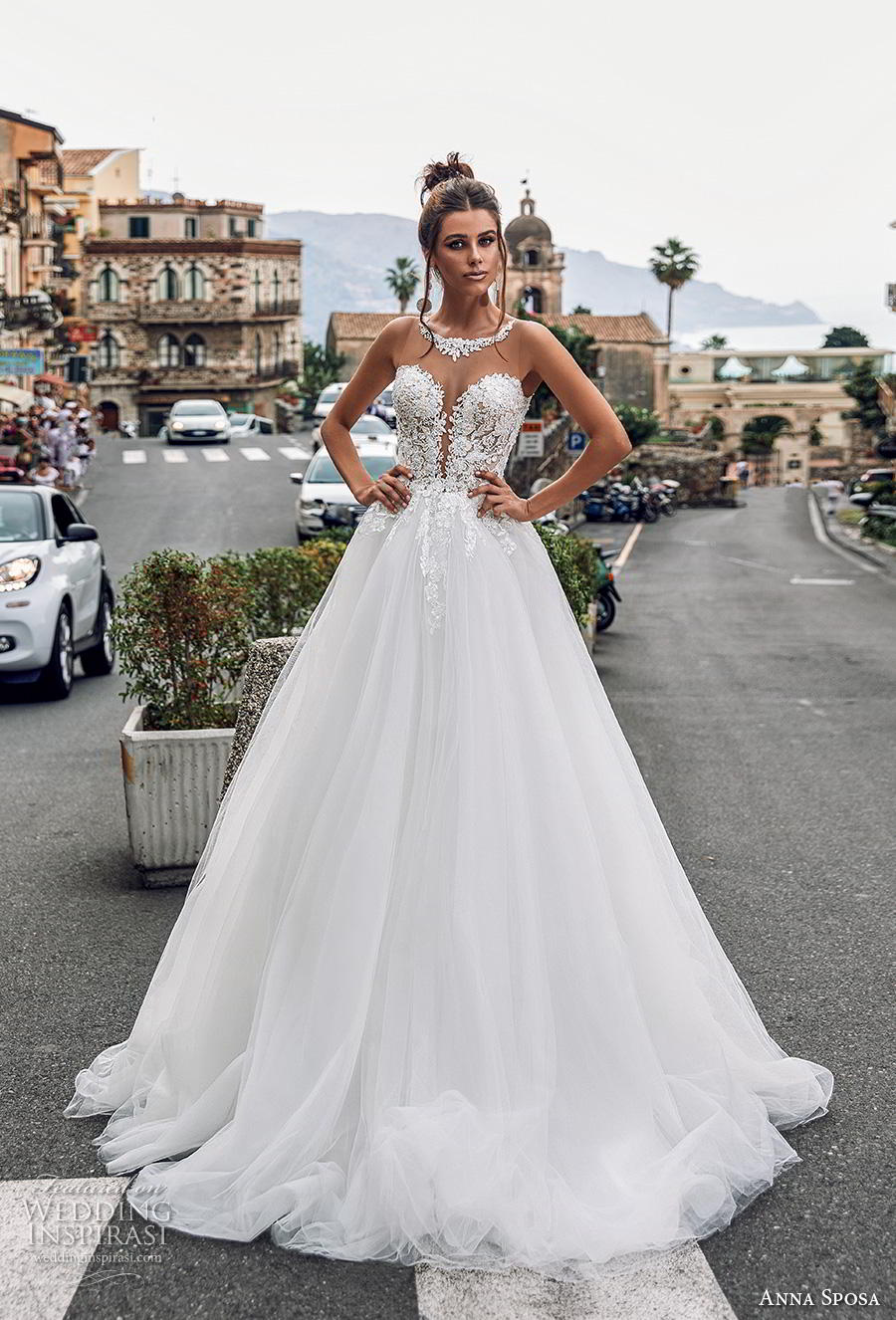 anna sposa 2019 bridal sleeveless illusion jewel plunging sweetheart neckline heavily embellished bodice romantic a  line wedding dress sheer button back chapel train (13) mv