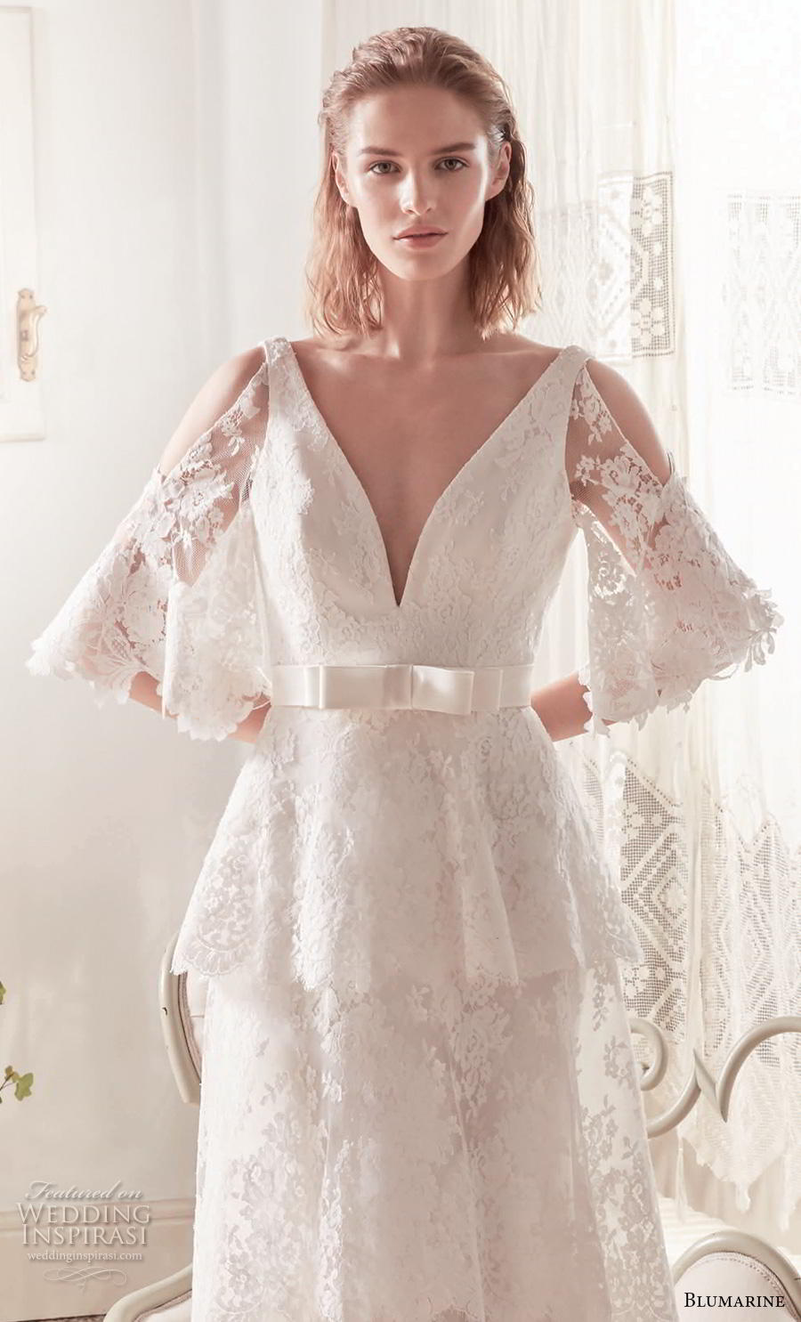 blumarine sposa 2019 bridal cold shoulder half bell sleeves deep v neck full embellishment ribbon belt elegant modified a  line wedding dress v back medium train (19) mv