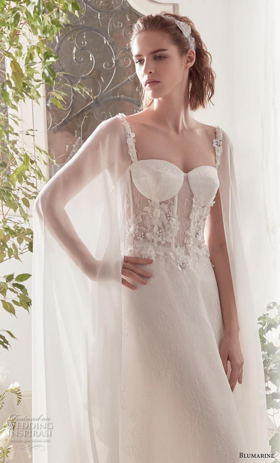 blumarine sposa 2019 bridal hanging sleeves thin strap sweetheart neckline heavily embellished bodice bustier romantic a  line wedding dress medium train (18) mv