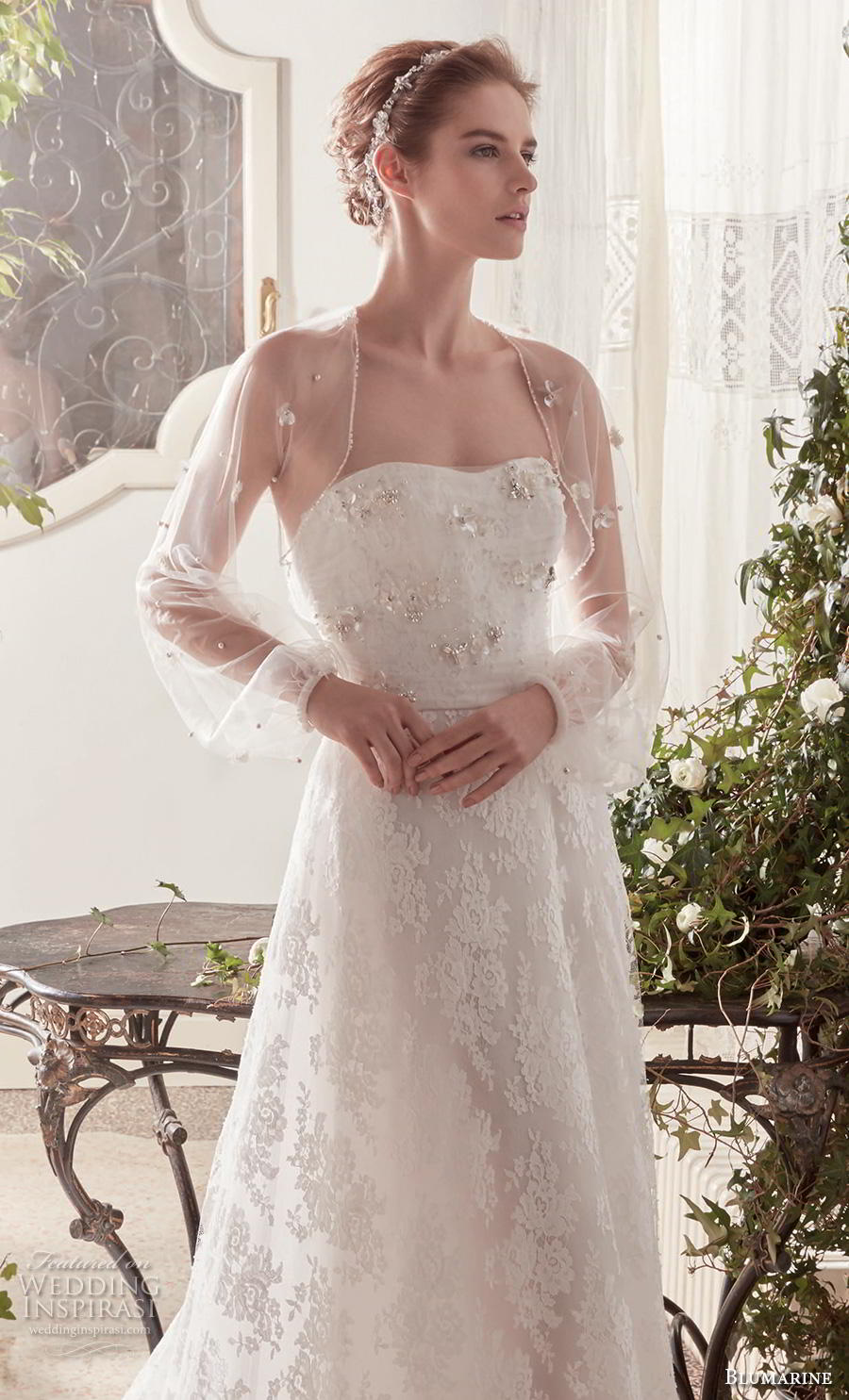 blumarine sposa 2019 bridal long sheer bishop sleeves bolero jacket semi sweetheart neckline full embellishment romantic a  line wedding dress mid back chapel train (15) mv