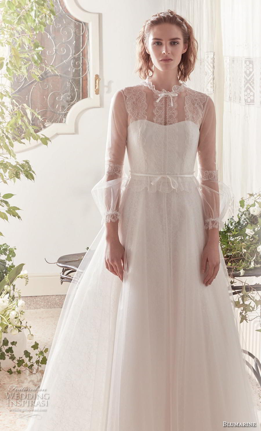 blumarine sposa 2019 bridal long sheer sleeves illusion jewel semi sweetheart neckline simple romantic a  line wedding dress sheer button back medium train (9) mv