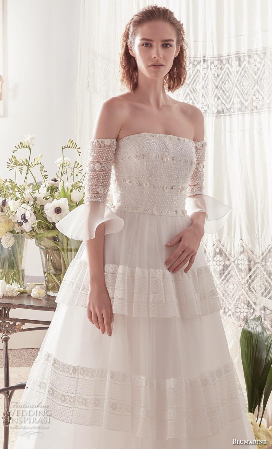 blumarine sposa 2019 bridal off the shoulder half poet sleeves straight across neckline heavily embellished bodice romantic a  line wedding dress mid back chapel train (7) mv