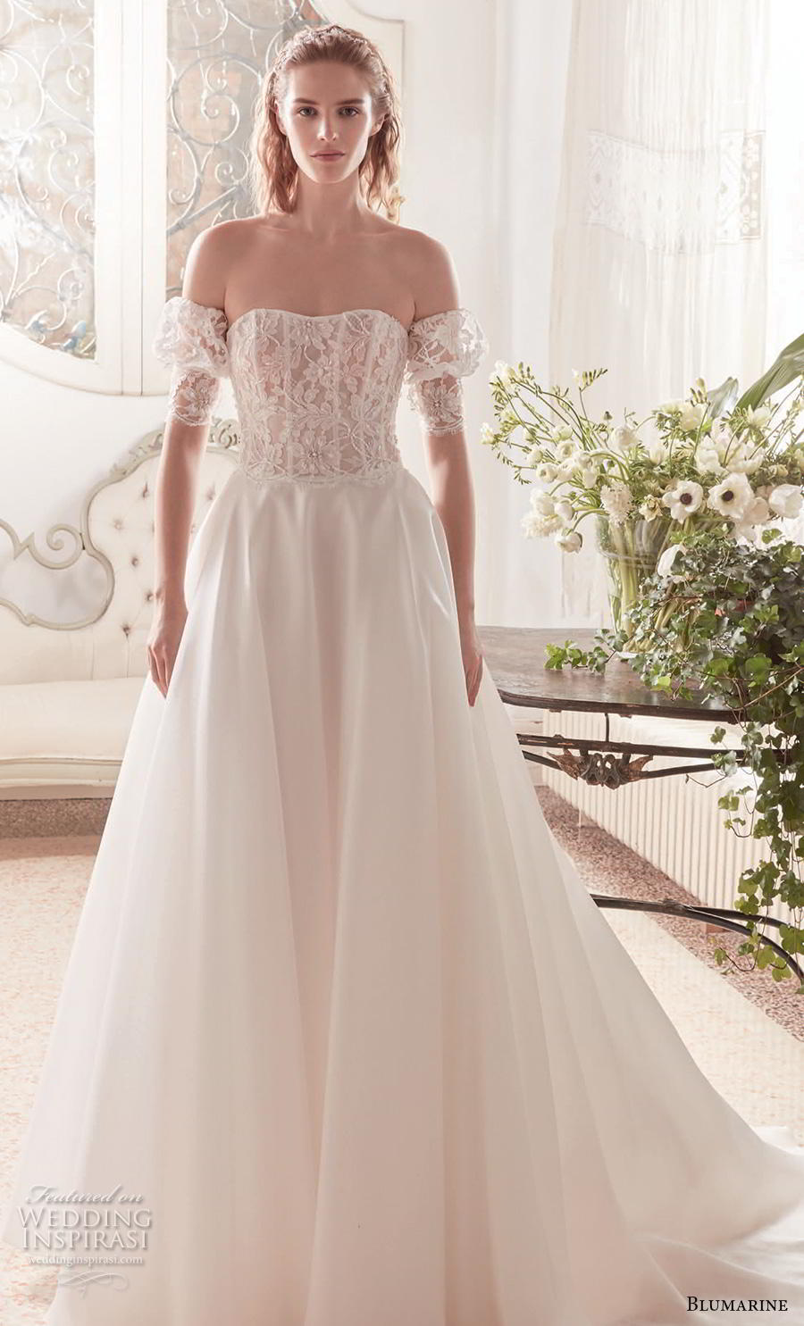 blumarine sposa 2019 bridal off the shoulder half sleeves semi sweetheart neckline heavily embellished bodice romantic a  line wedding dress mid back chapel train (20) mv