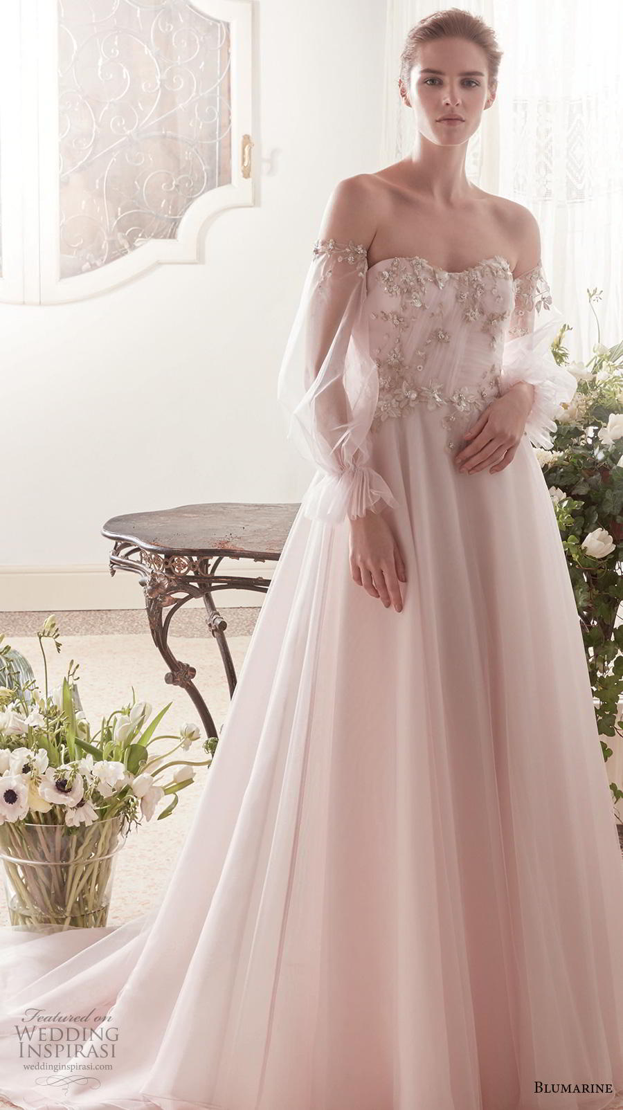 blumarine sposa 2019 bridal off the shoulder long poet sleeves semi sweetheart neckline heavily embellished bodice romantic blush a  line wedding dress backless chapel train (13) mv