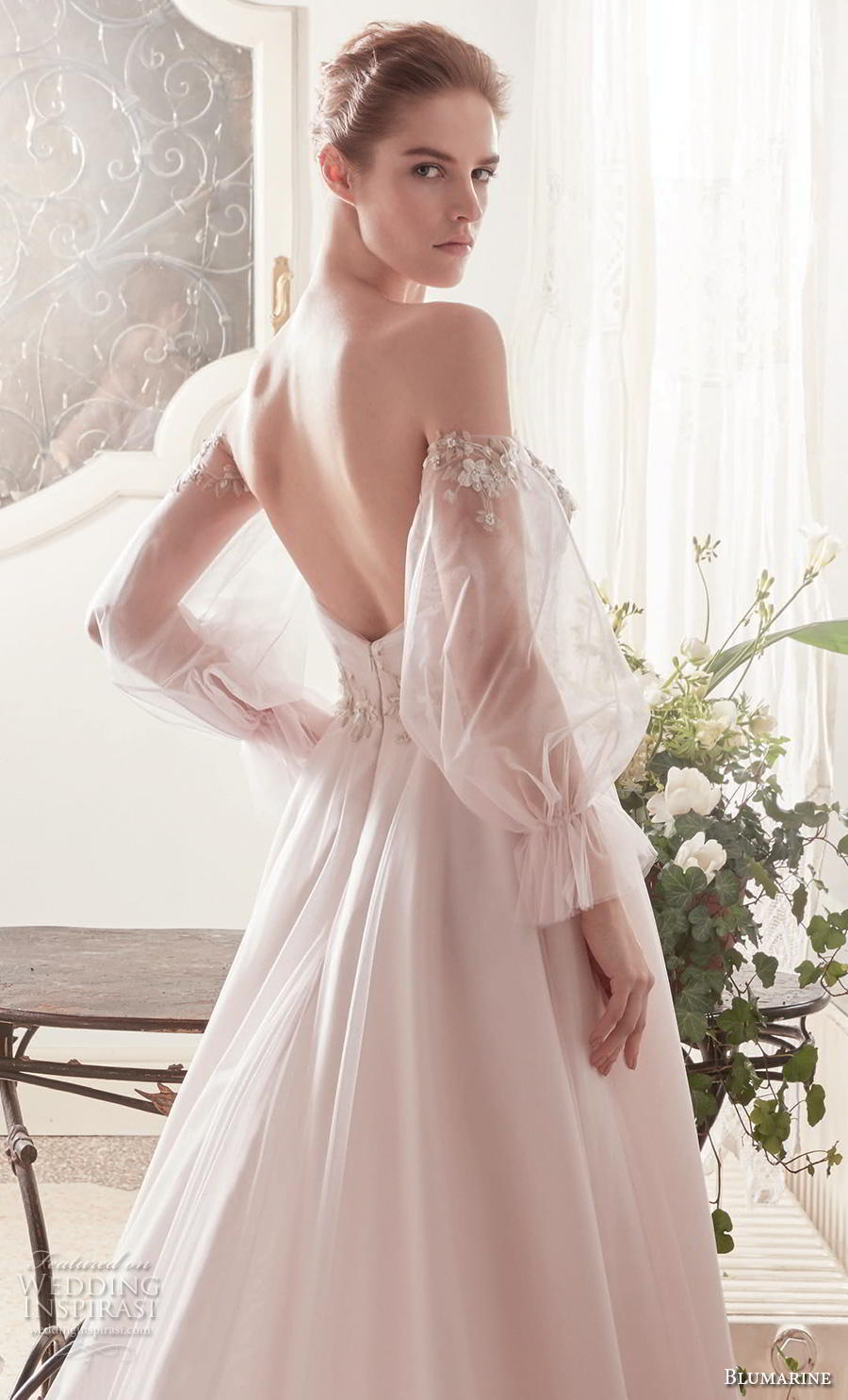 blumarine sposa 2019 bridal off the shoulder long poet sleeves semi sweetheart neckline heavily embellished bodice romantic blush a  line wedding dress backless chapel train (13) zbv