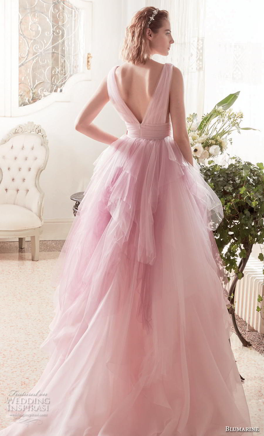 blumarine sposa 2019 bridal sleeveless deep v neck ruched bodice tiered tulle skirt romantic pink blush wedding dress v back chapel train (12) bv