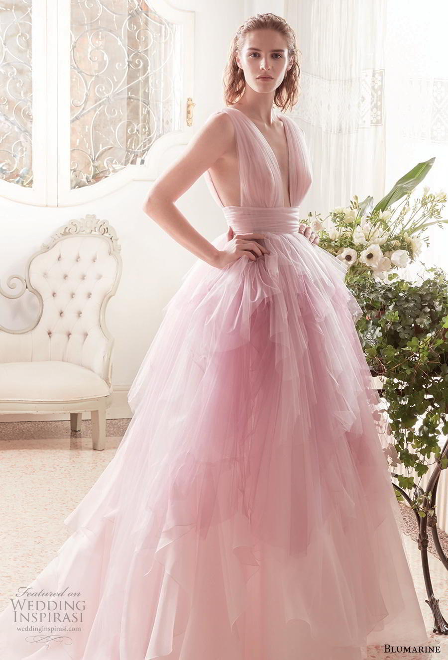 blumarine sposa 2019 bridal sleeveless deep v neck ruched bodice tiered tulle skirt romantic pink blush wedding dress v back chapel train (12) mv