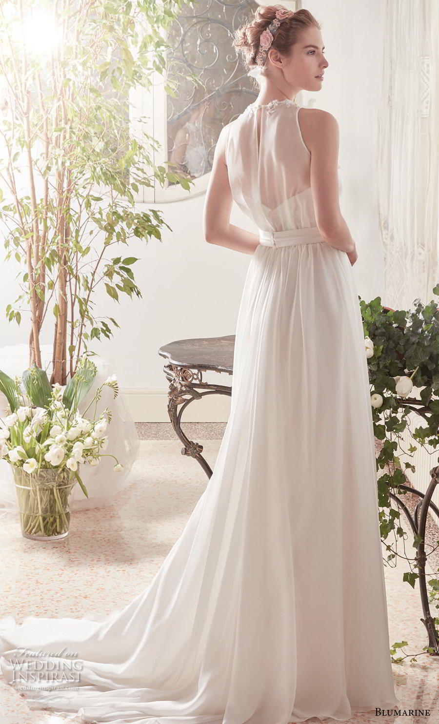 blumarine sposa 2019 bridal sleeveless illusion halter neck sweetheart neckline heavily embellised bodice elegant modified a  line wedding dress sheer back short train (22) bv