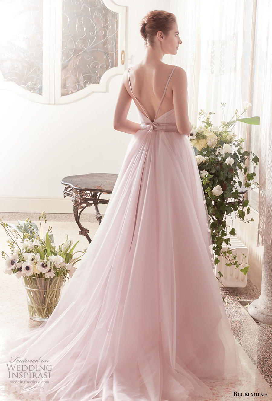 blumarine sposa 2019 bridal sleeveless thin strap sweetheart neckline ruched bodice tulle skirt romantic pink a  linw wedding dress open v back medium train (1) bv