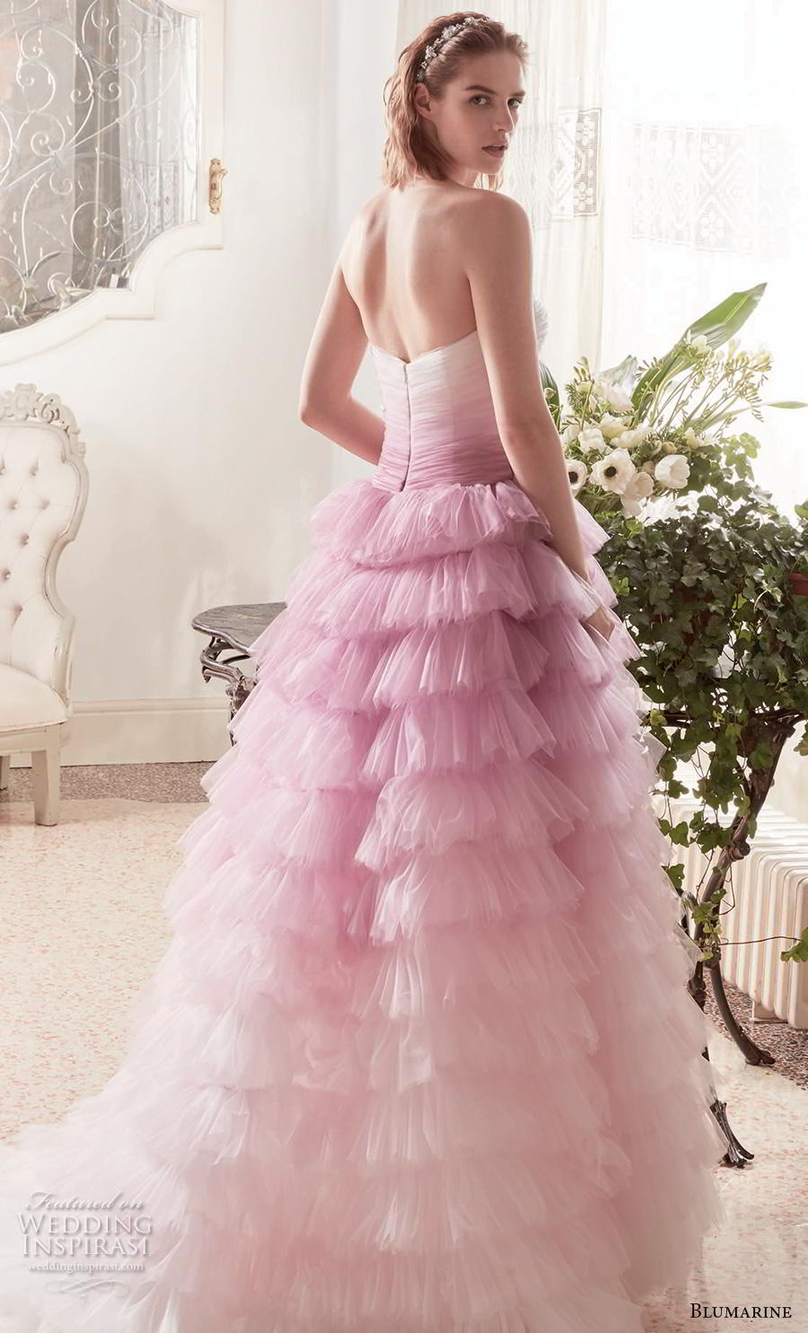 blumarine sposa 2019 bridal strapless straight across neckline ruched bodice ruffled skirt ombre pink ball gown wedding dress mid back chapel train (8) bv