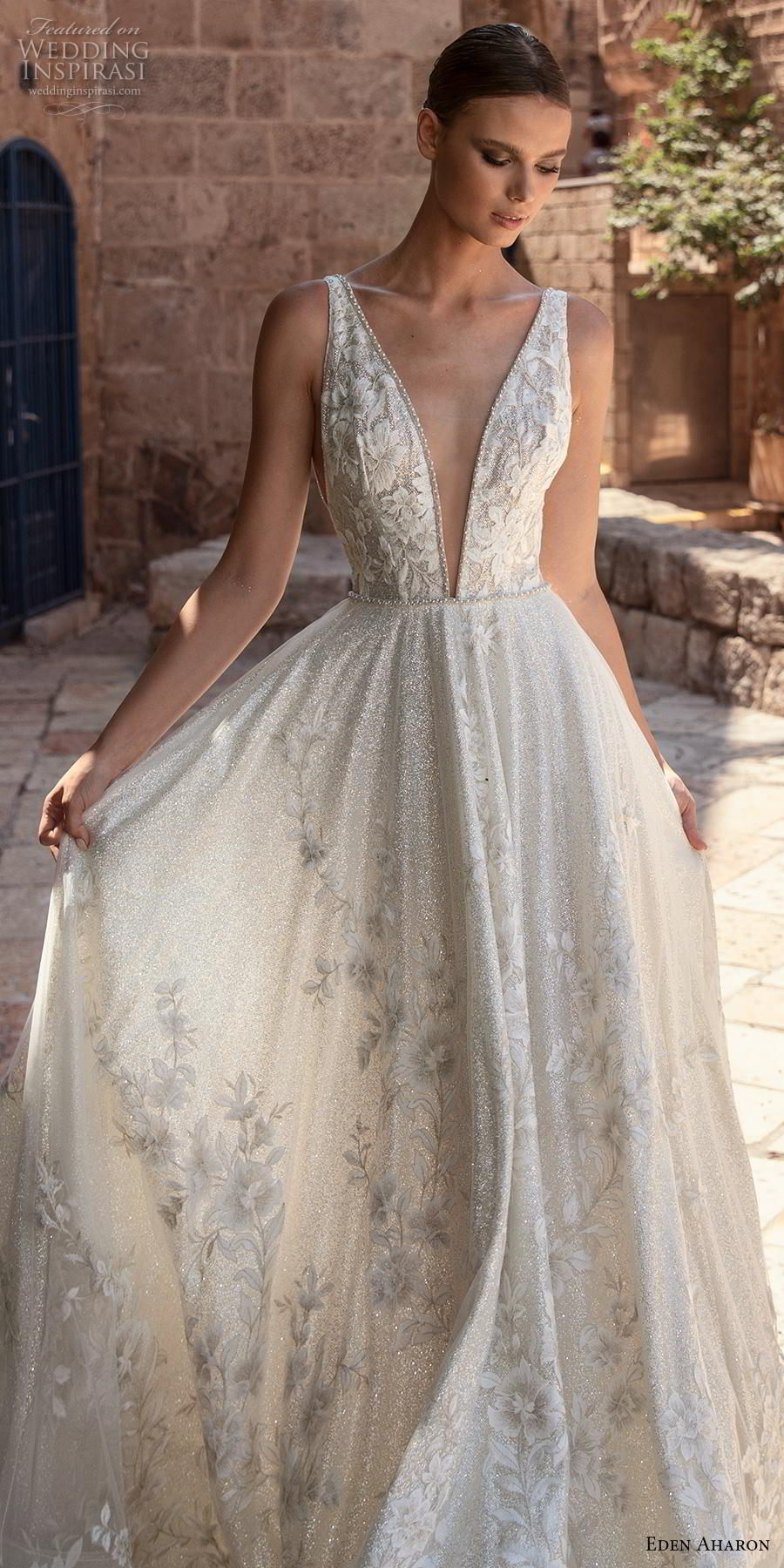 eden aharon 2019 bridal sleeveless deep plunging v neck full embellishment romantic soft a  line wedding dress (4) lv