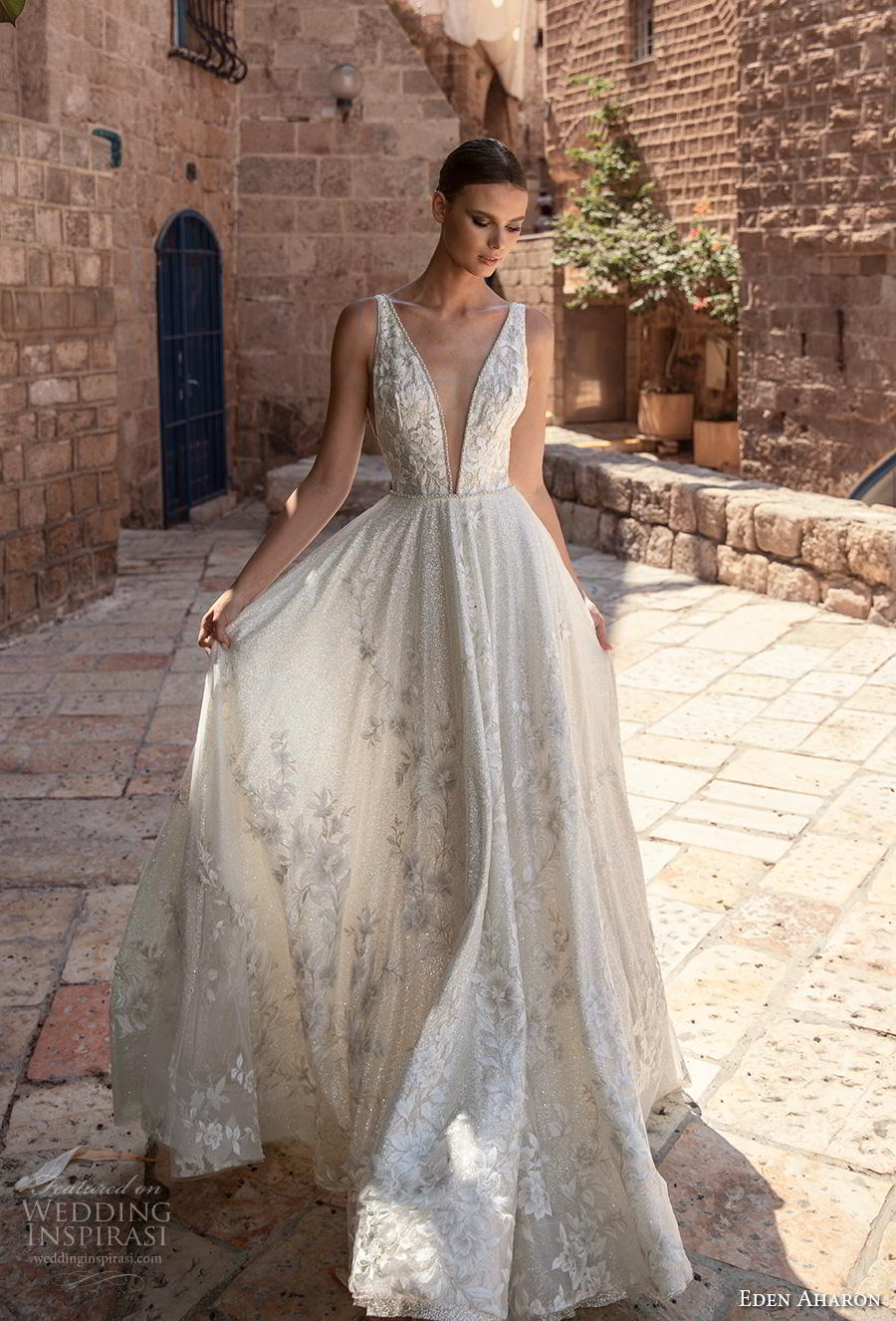 eden aharon 2019 bridal sleeveless deep plunging v neck full embellishment romantic soft a  line wedding dress (4) mv