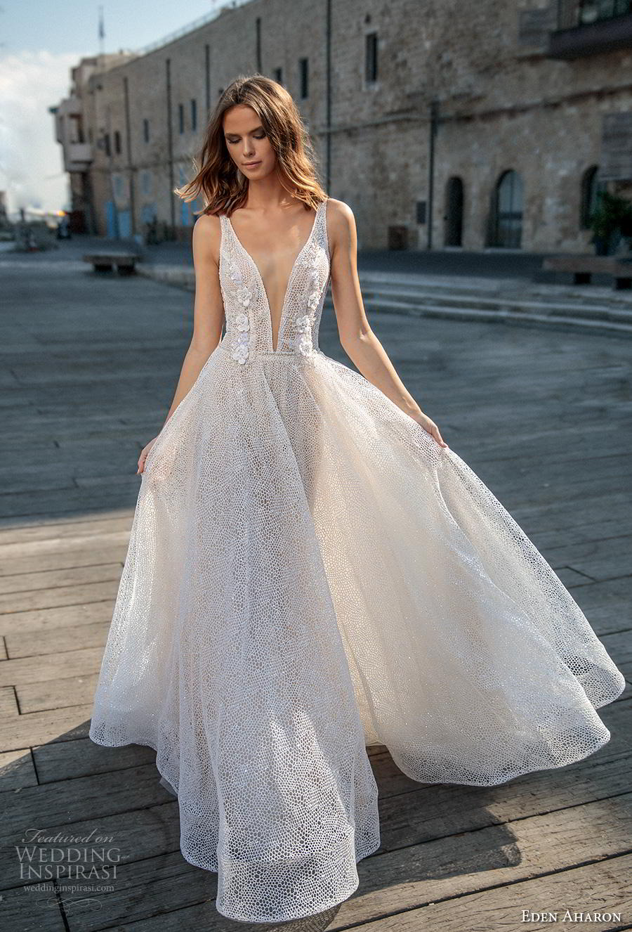 eden aharon 2019 bridal sleeveless deep plunging v neck full embellishment romantic soft a  line wedding dress backless v back sweep train (3) mv