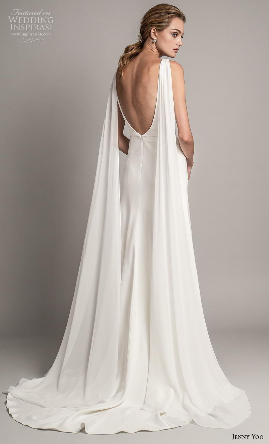 jenny yoo spring 2019 bridal long hanging sleeves deep v neck simple minimalist elegant clean look modified a  line wedding dress backless scoop back short train (1) bv