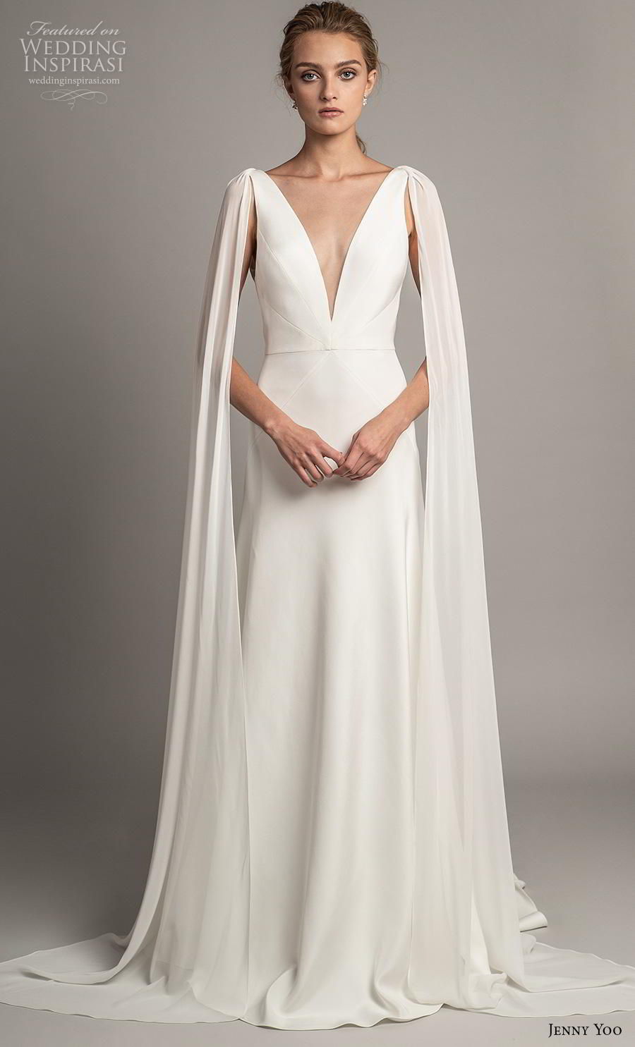 jenny yoo spring 2019 bridal long hanging sleeves deep v neck simple minimalist elegant clean look modified a  line wedding dress backless scoop back short train (1) mv