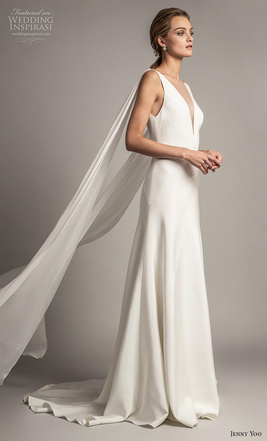 jenny yoo spring 2019 bridal long hanging sleeves deep v neck simple minimalist elegant clean look modified a  line wedding dress backless scoop back short train (1) sdv