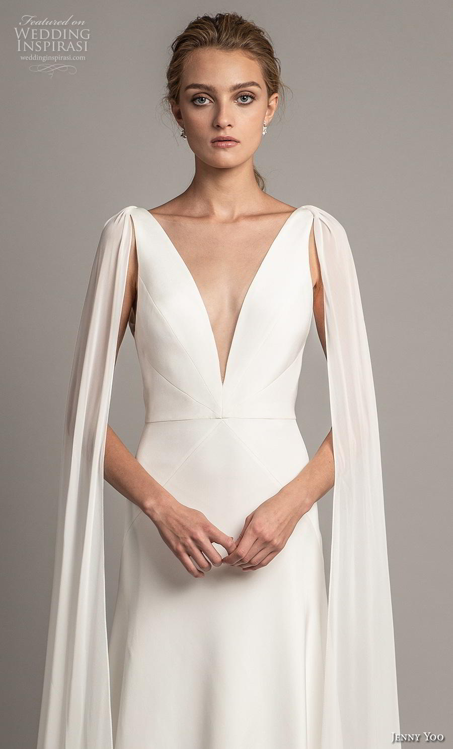 jenny yoo spring 2019 bridal long hanging sleeves deep v neck simple minimalist elegant clean look modified a  line wedding dress backless scoop back short train (1) zv