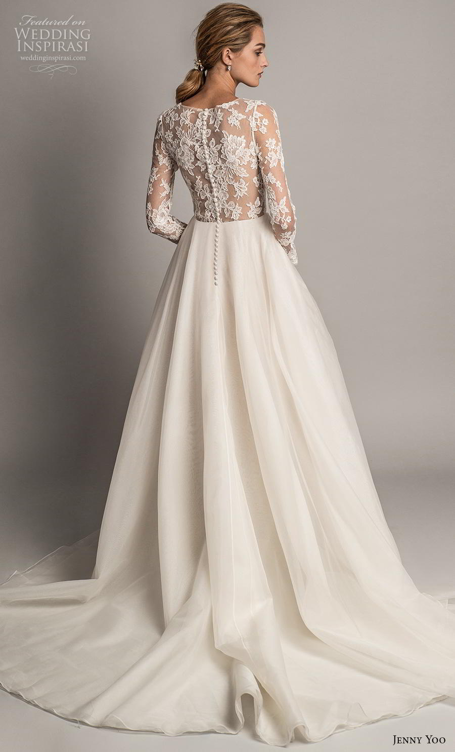 jenny yoo spring 2019 bridal long sleeves v neck heavily embellished bodice tiered skirt romantic ball gown a  line wedding dress covered lace back chapel train (2) bv