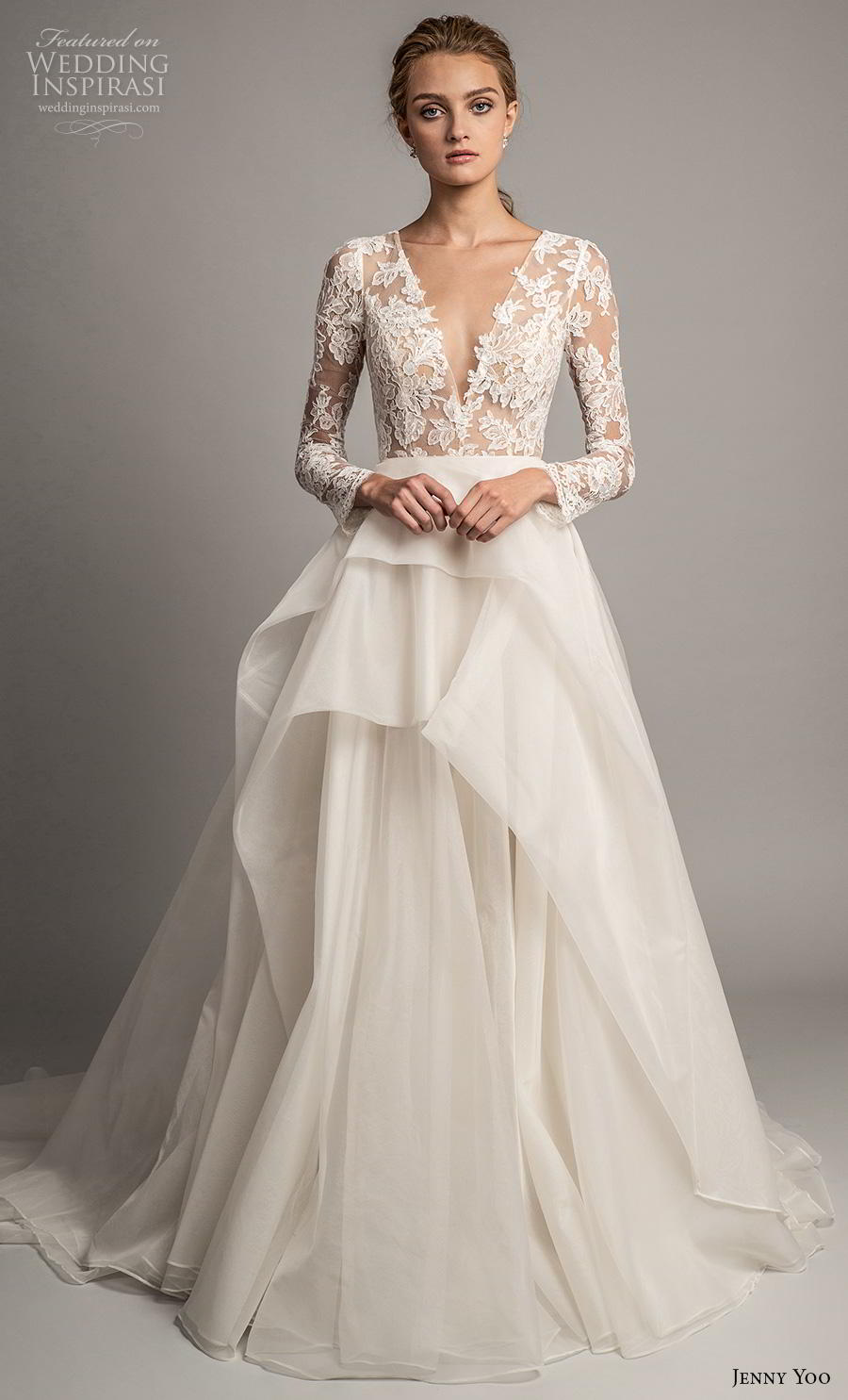 jenny yoo spring 2019 bridal long sleeves v neck heavily embellished bodice tiered skirt romantic ball gown a  line wedding dress covered lace back chapel train (2) mv 