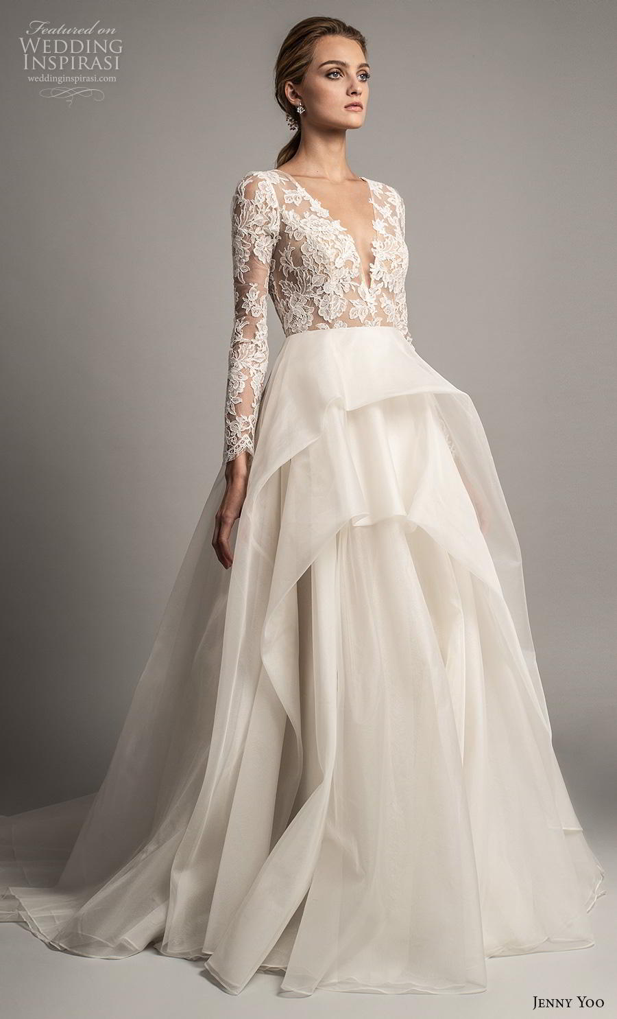 jenny yoo spring 2019 bridal long sleeves v neck heavily embellished bodice tiered skirt romantic ball gown a  line wedding dress covered lace back chapel train (2) mv